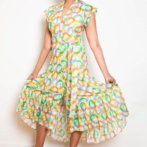 NWT Sandro Green Athena Circle Print Linen & Silk Shirtdress, EU 36 ( US 2-4)